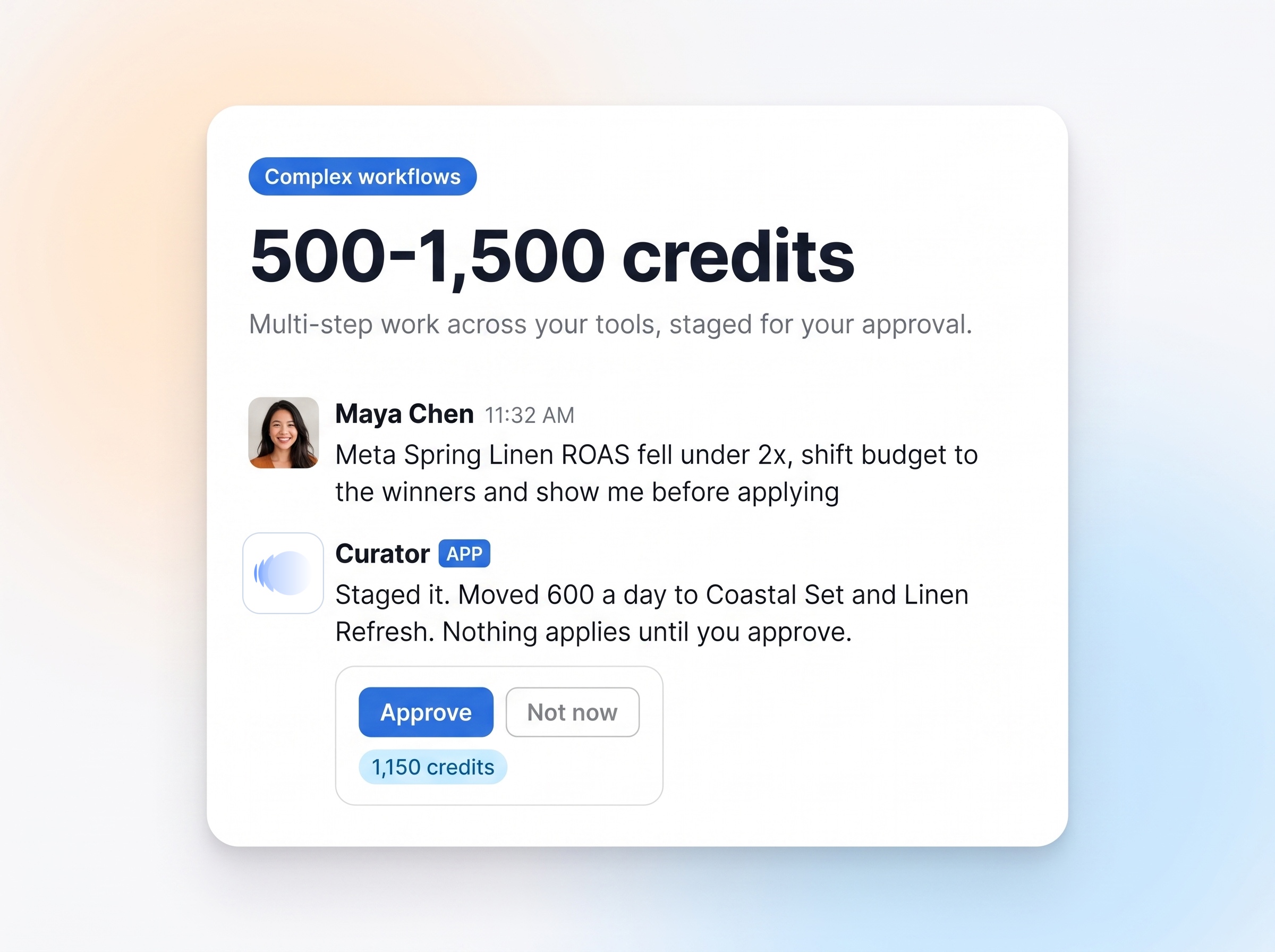 Complex workflows, 500 to 1,500 credits: Curator stages a Meta budget shift for approval.