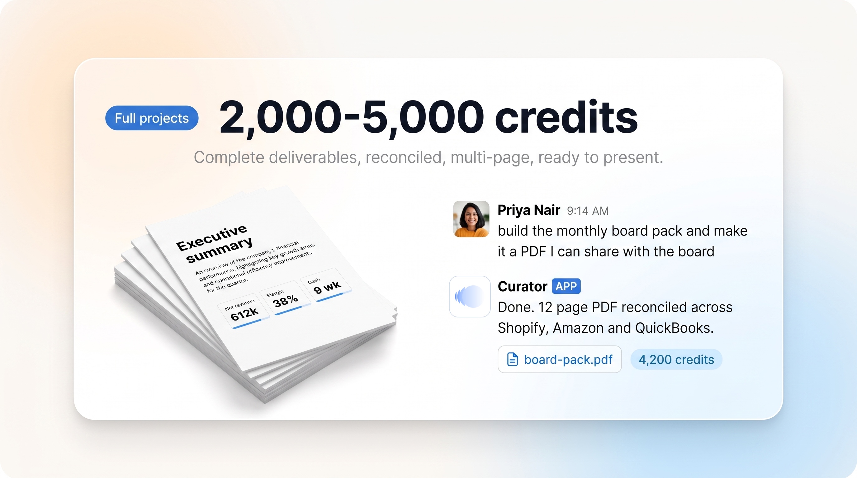 Full projects, 2,000 to 5,000 credits: Curator builds a reconciled board pack PDF.