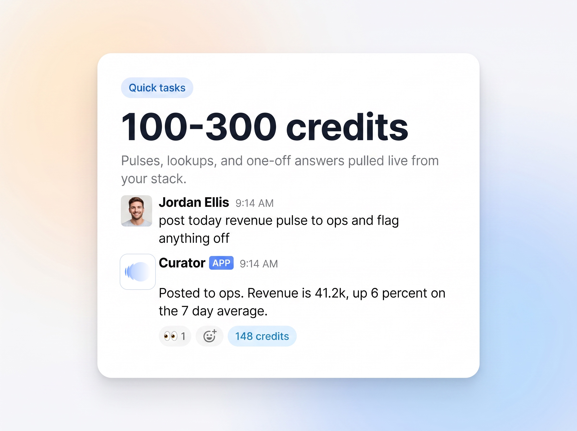 Quick tasks, 100 to 300 credits: Curator posts a revenue pulse to Slack.